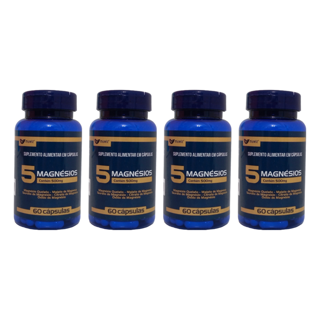 KIT Com 4x 5 Magnésios (Quelato,Malato,Taurato,Citrato,Óxido) 500mg 60 cápsulas