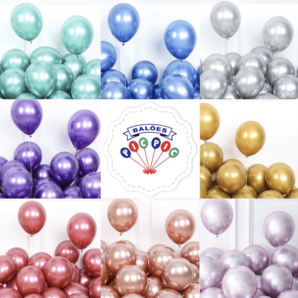 25 Balão Bexiga para Festa Metalizado Cromado Platino N° 5, 9 ou 10 pic pic em Oferta na Shopee