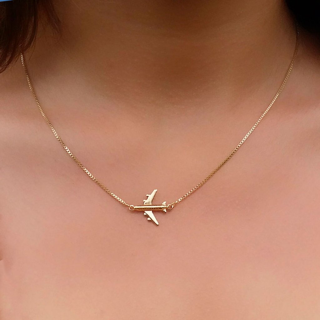 Colar De Corrente Feminino Com Pingente Avião Folheado Em Ouro 18K Premium Viagem