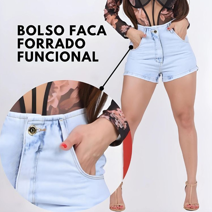 Short jeans Blogueira Cós Revel Cintura Alta Blogueira Bermuda Feminina Modeladora Bolso Faca em Oferta na Shopee