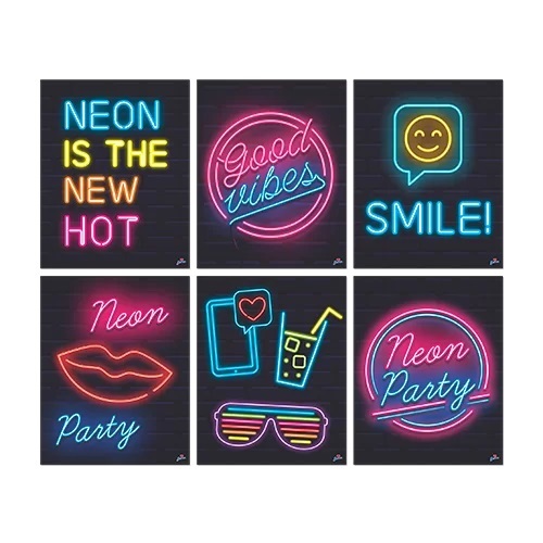 Festa Neon - Marca: Junco Festas - Adesivo, Cachepot, Caixa Lembrança, Convite, Faixa Decorativa, Painel, Sacola Plástica, Picks Doces Bolo, Quadrinhos