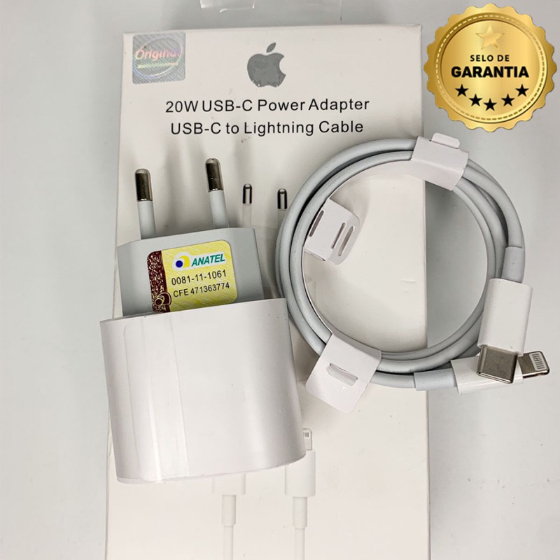 Kit Carregador Original 20W Turbo para iPhone – Fonte + Cabo Lightning Tipo C | Envio Imediato