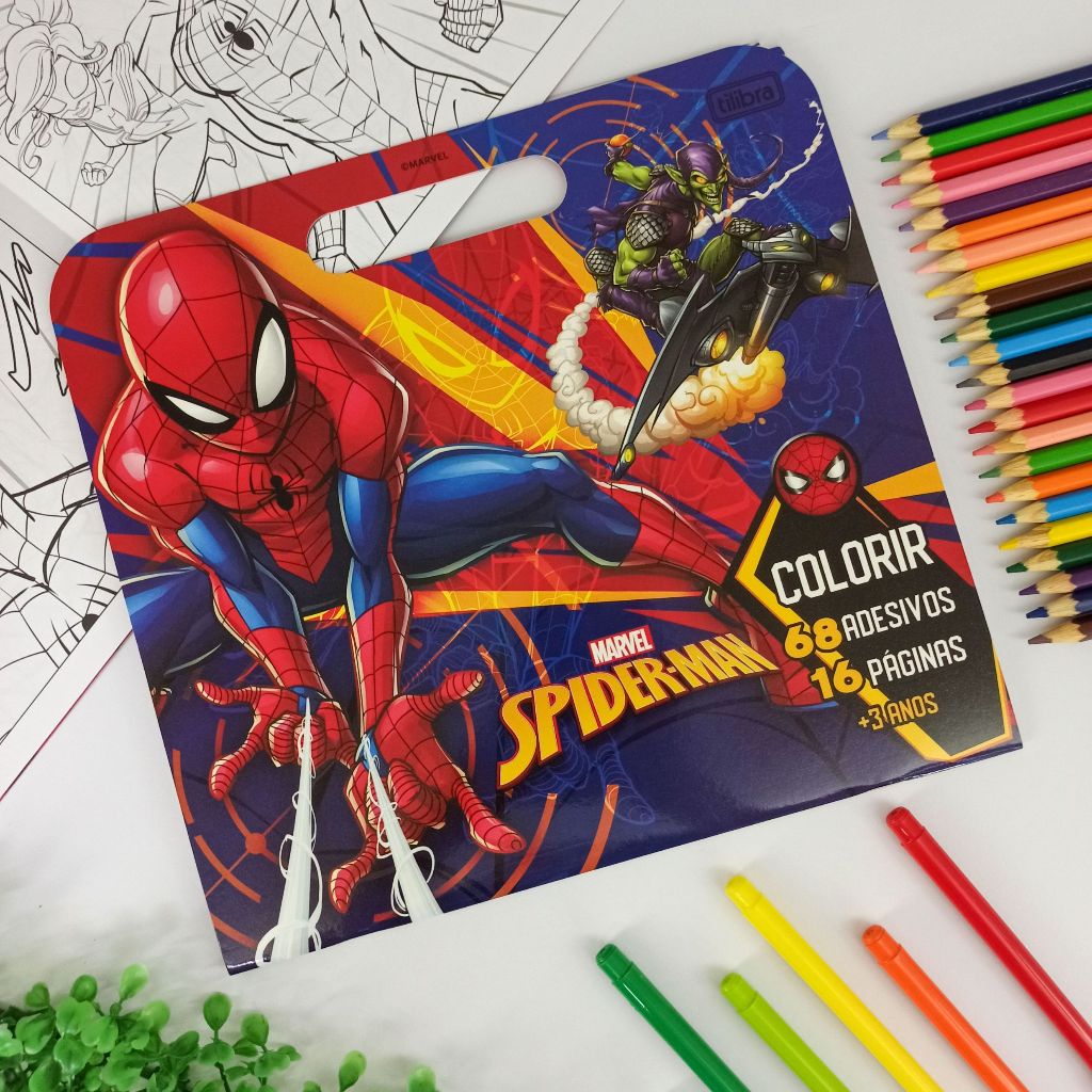 Kit Maleta para Colorir com Adesivos Spider Man Homem Aranha - Tilibra |  Livro de Colorir (Raptor, Maria Clara e JP, Unicórnio, Princesas Disney, Mickey, Minnie)