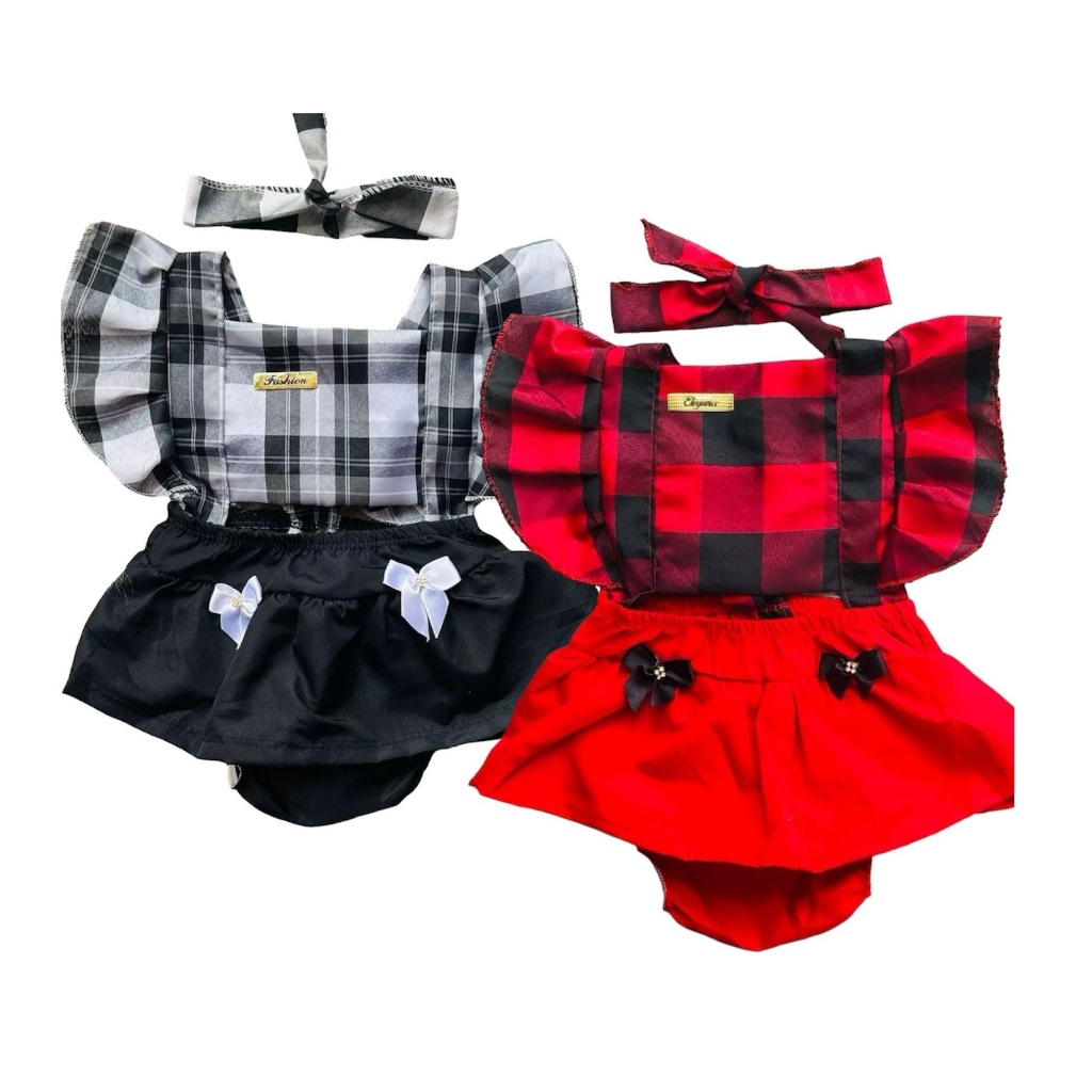 Kit C/ 2 Jardineira Roupa Bebê Menina Roupa Festa Junina Xadrez Mesversario Temático Junino Vestido Infantil Romper Com Laço