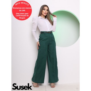 Calça Feminina Pantalona Wide Leg Linho com Botão Tendencia 2024 L8406