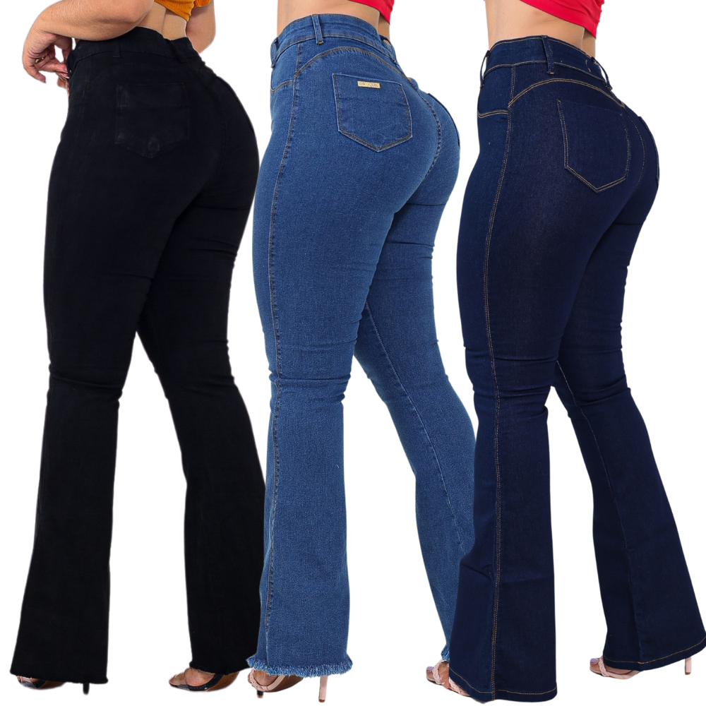 Kit 03 Calças Flare Feminina Jeans Escura Modelagem Empina Bumbum Lycra Cos Alto Boca de Sino