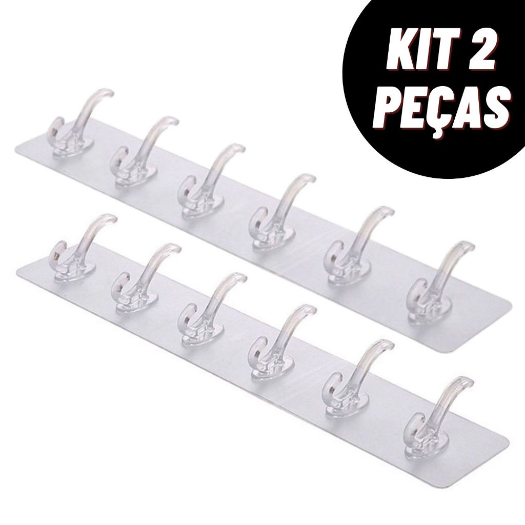 Kit 2 Ganchos Autocolante Transparentes Com 6 Ganchos Multifuncional Cozinha Banheiro