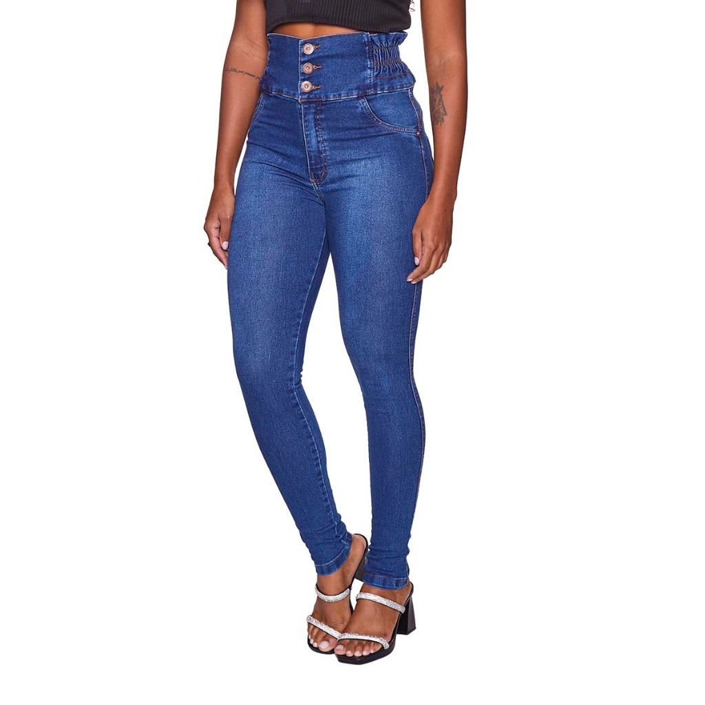 Calça jeans feminina Premium De Cos Largo com 3 botão