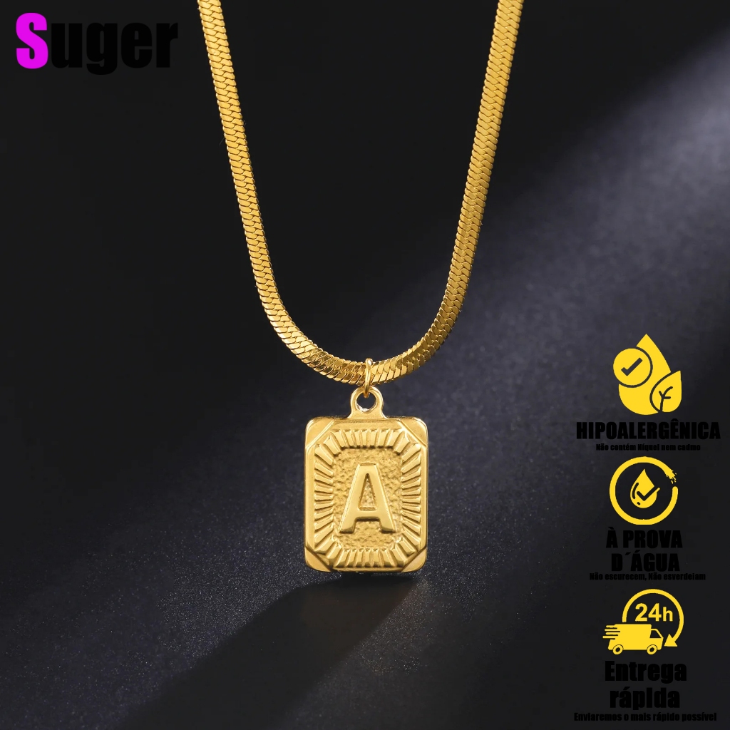 Clássico A-Z Carta Inicial Praça Colar de Pingente para Masclino e Feminima, colar letra inicial Aço em Oferta na Shopee