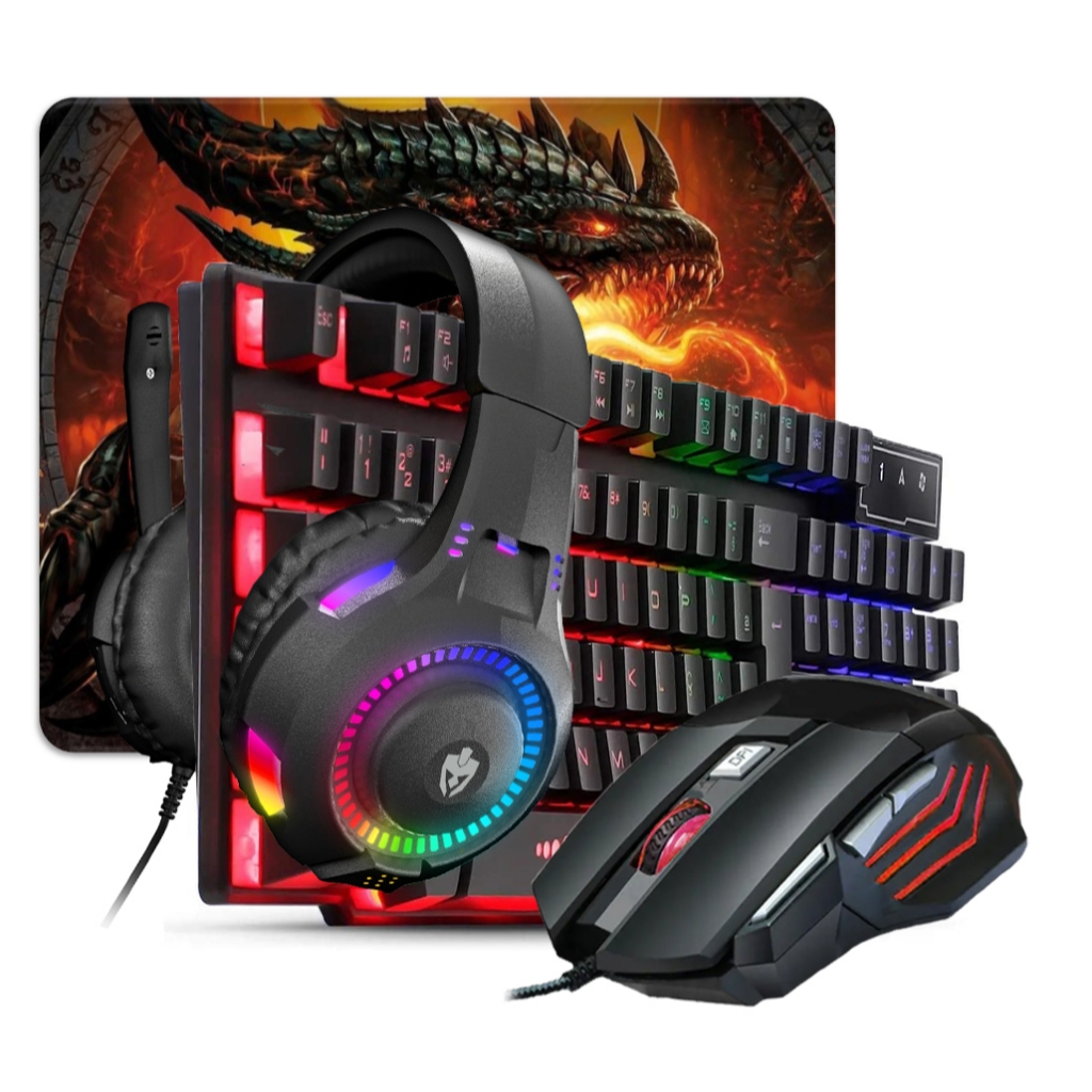 Kit Gamer Teclado Semi-mecânico + Mouse RGB 3200 Dpi + Mouse Pad + Headset - Compatível com Computador Notebook e Vídeogame