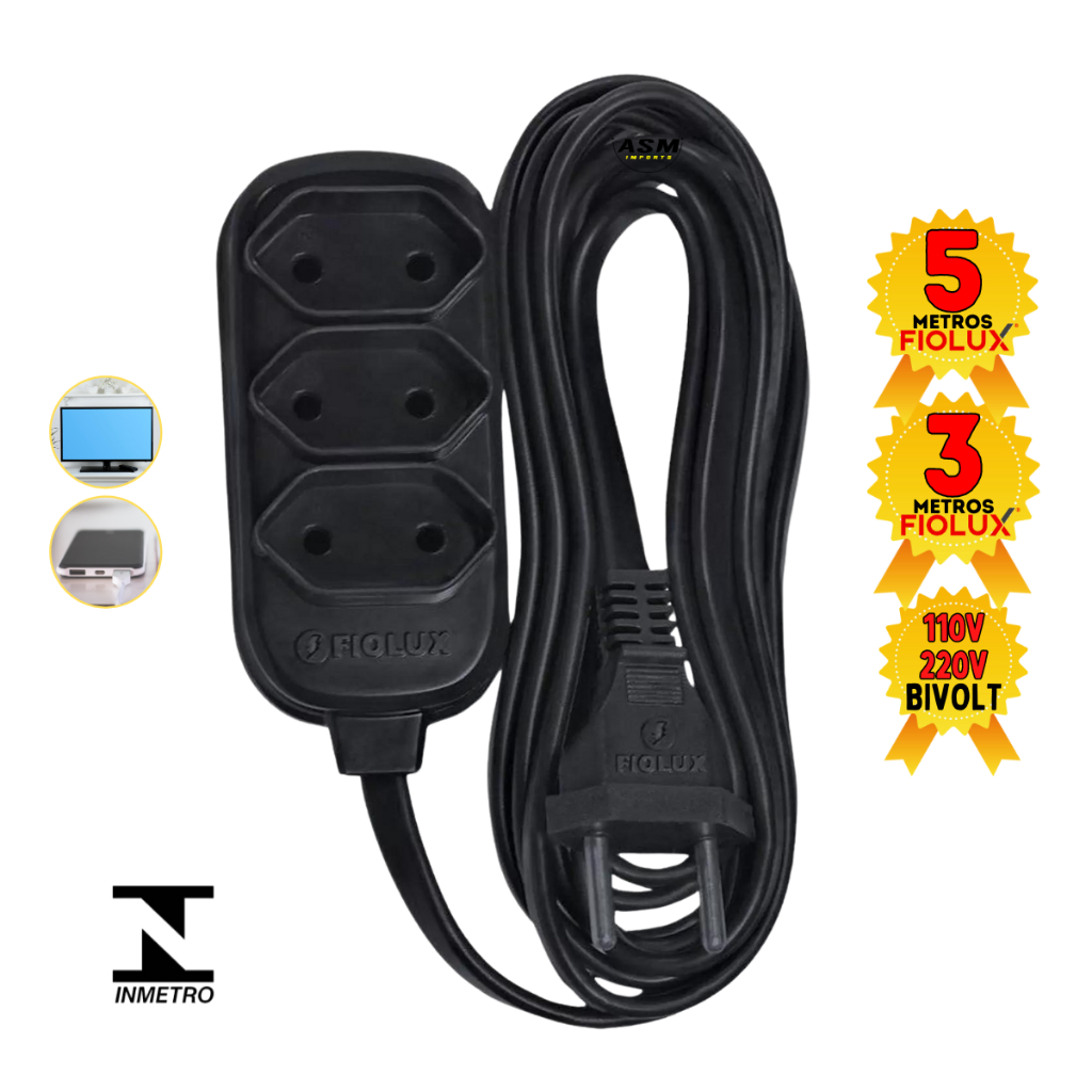 Extensao de Energia Fiolux 3 e 5 metros 2 pinos Bivolt 10A Extensao Eletrica Preto