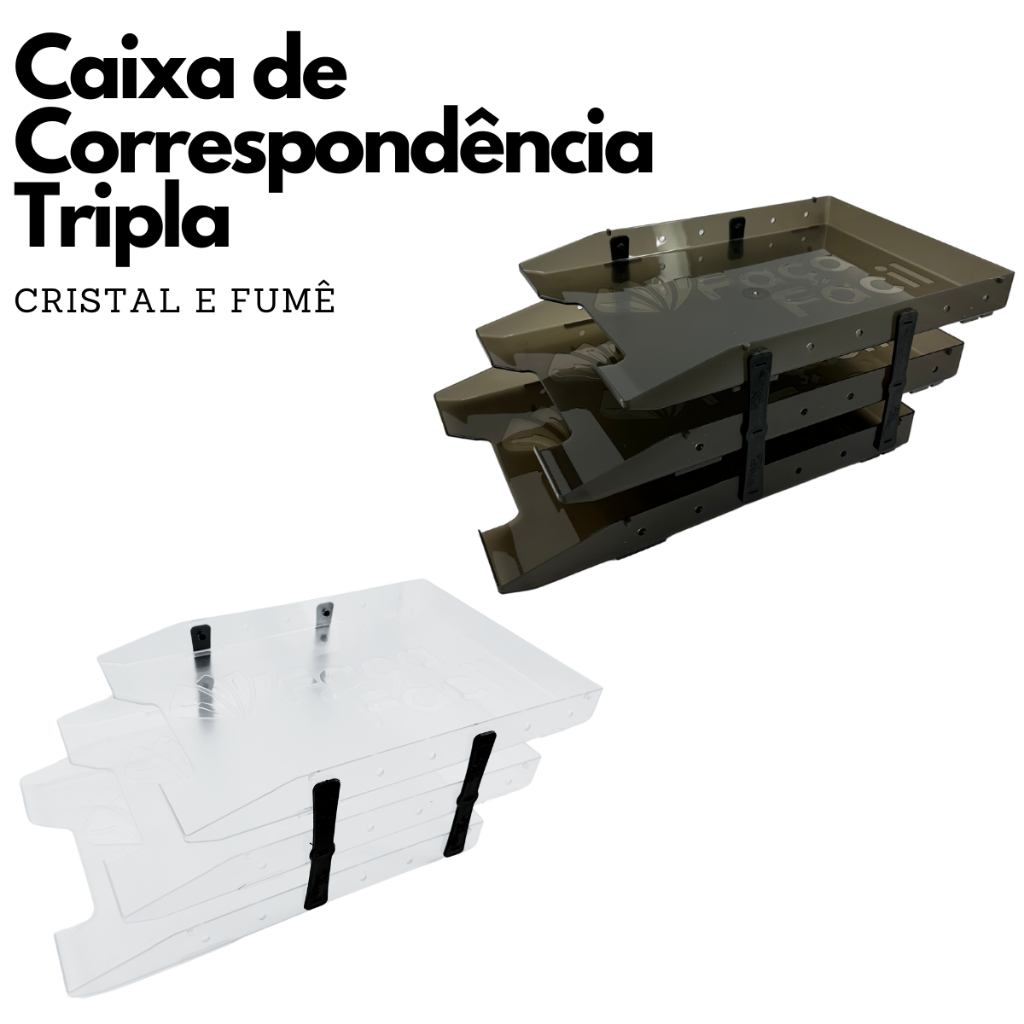 Organizador de Papéis Caixa de Correspondência Tripla Móvel Articulada Papeleira Cristal Fumê Escritório Escola
