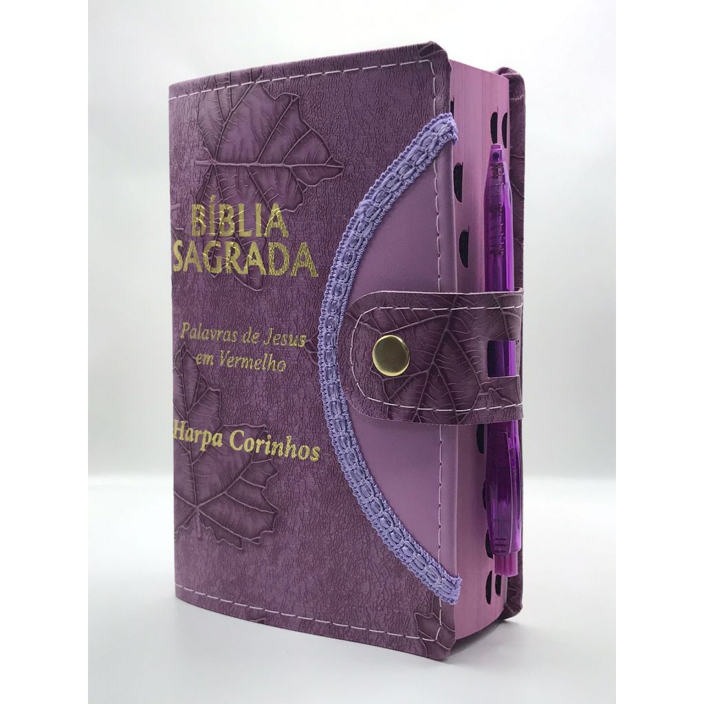Bíblia Sagrada Tamanho médio 12,5x19 cm Com Harpa palavras de Jesus em vermelho Botão Capa Folha Lilás em Oferta na Shopee