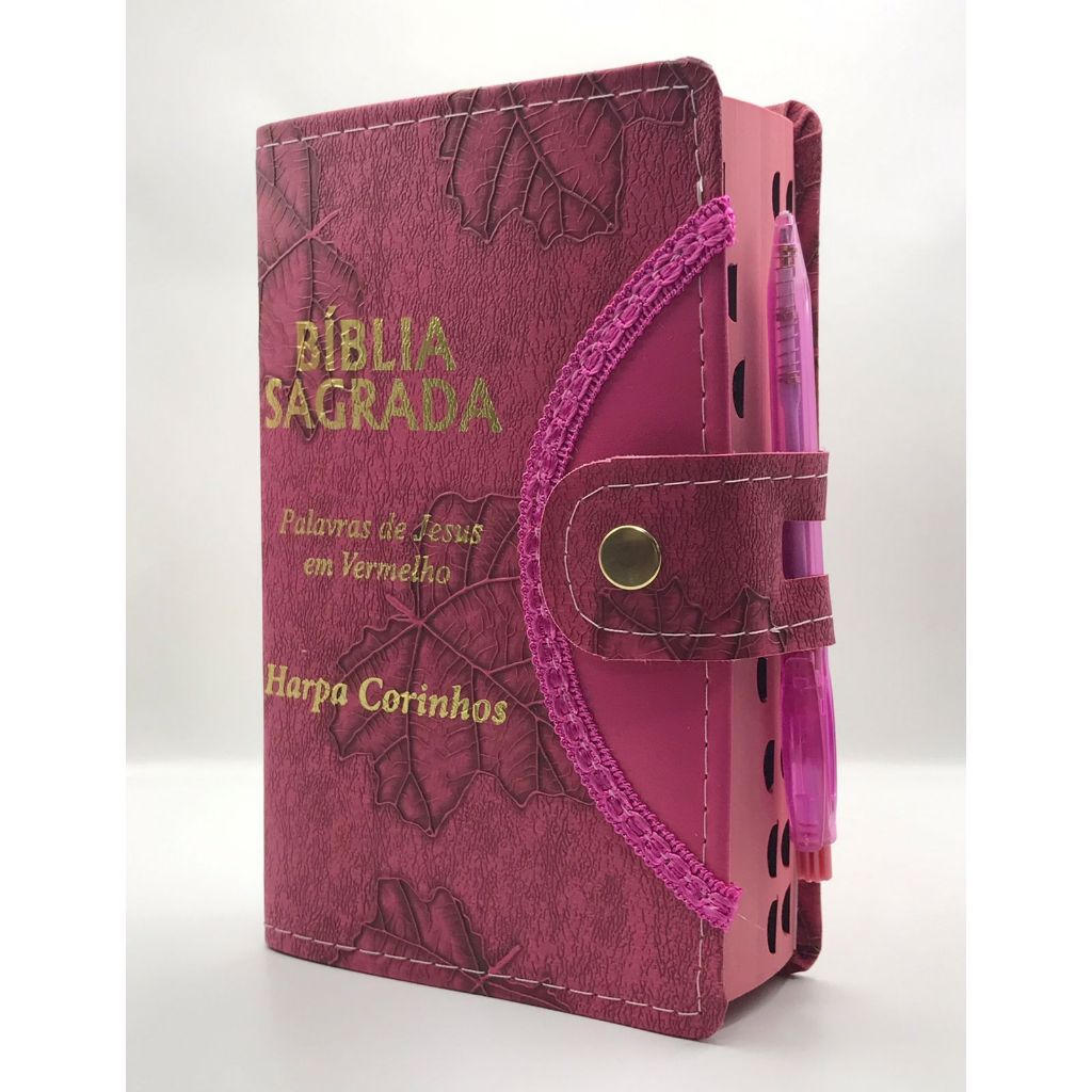 Bíblia Sagrada Tamanho médio 12,5x19 cm Com Harpa palavras de Jesus em vermelho Botão Capa Folha pink em Oferta na Shopee