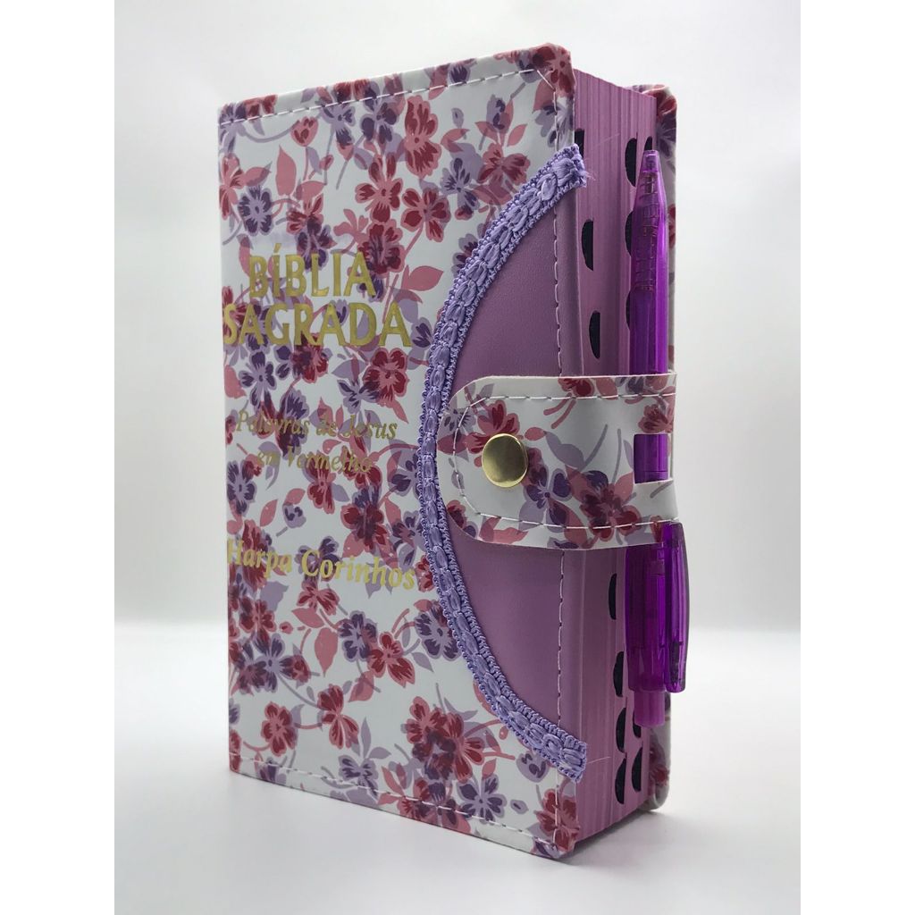 Bíblia Sagrada Tamanho médio 12,5x19 cm Com Harpa palavras de Jesus em vermelho Botão Capa Florida Roxa em Oferta na Shopee