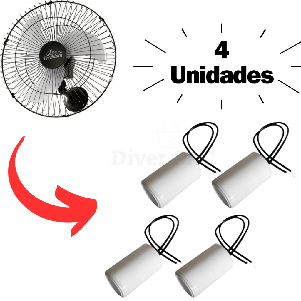 Kit 4 Capacitores 8UF 250V 2 Fios Voltagem 110v e 220v Ventilador de Parede Arge, Loren Sid, VentiDelta, Ventisol