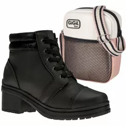 Kit Bota Saltinho Feminina Infantil Salto Baixo Cano Curto Brilho Com Bolsinha Bag Transversal Ombro Estilosa Conforto