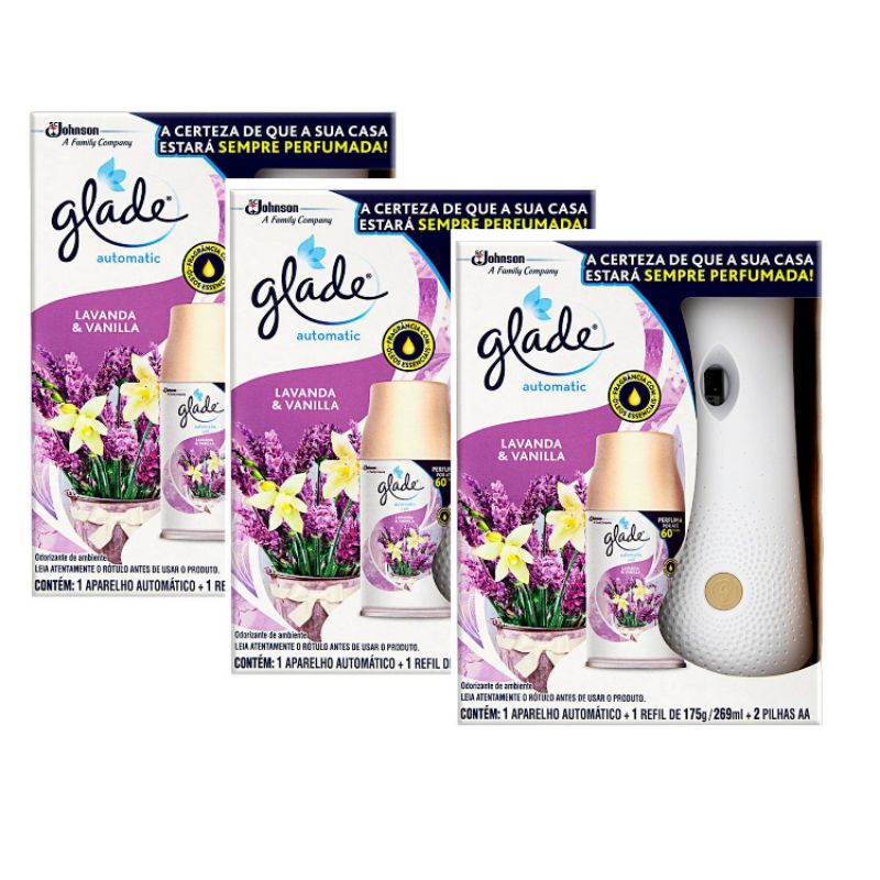 KIT 3 ODORIZADOR DE AMBIENTE GLADE APARELHO + REFIL+ DUAS PILHAS LAVANDA e VANILLA em Oferta na Shopee