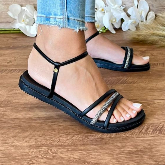 Rasteirinha Glitter Strass Sandália Plana Preta Branca Nude Rasteira Feminina Sandália Confortável