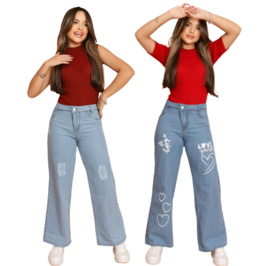 kit 2 calça wide leg jeans infantil juvenil vários desenho pantalona boca de sino em Oferta na Shopee