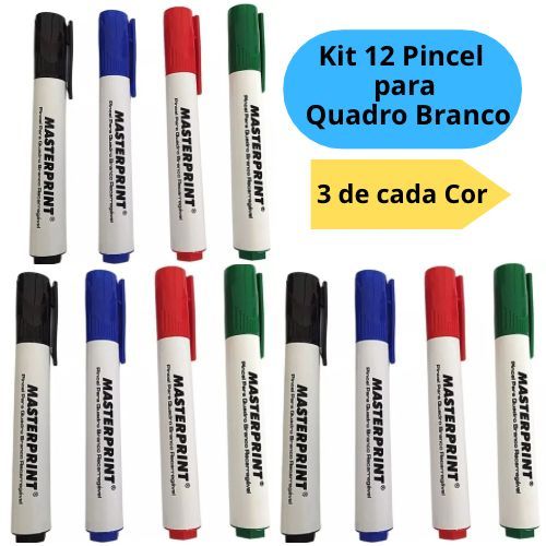 Kit 12 Pincel Quadro Branco Recarregável Nas Cores 3 Azul + 3 Vermelho + 3 Preto + 3 Verde Masteprint em Oferta na Shopee