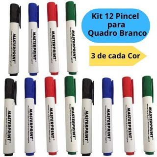 Kit 12 Pincel Quadro Branco Recarregável Nas Cores 3 Azul + 3 Vermelho + 3 Preto + 3 Verd…