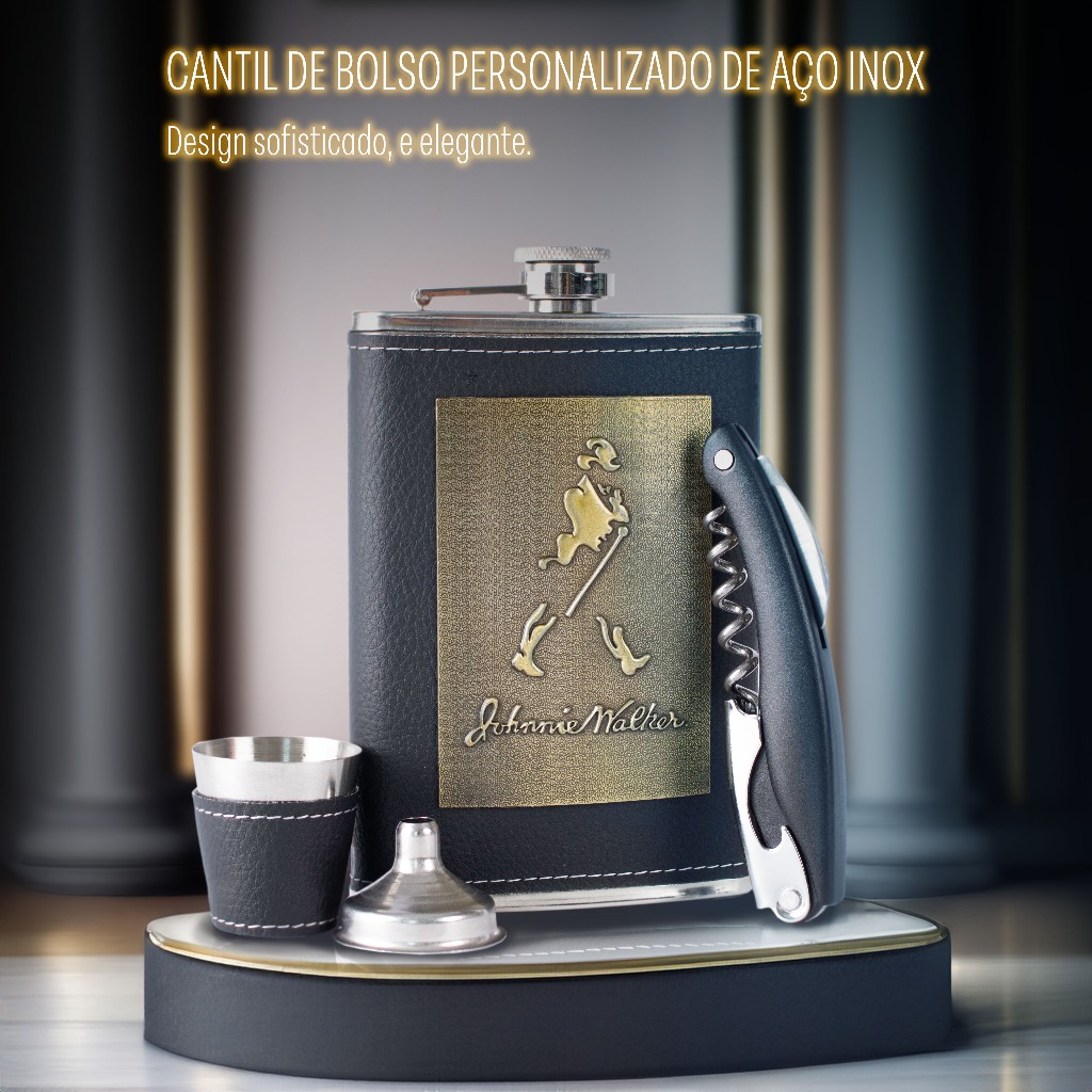 Kit Cantil Whisky Porta Bebida 9oz 270ml - Funil - Copo - Abridor de Vinho