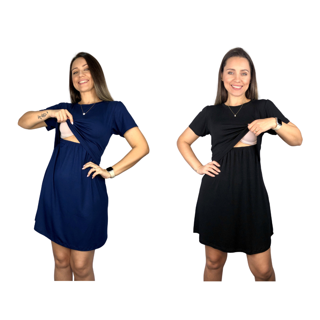 Kit 2 Vestido Amamentação Diversas Cores Premium Manga Curta Gestante Grávida Maternidade Amamentar em Oferta na Shopee