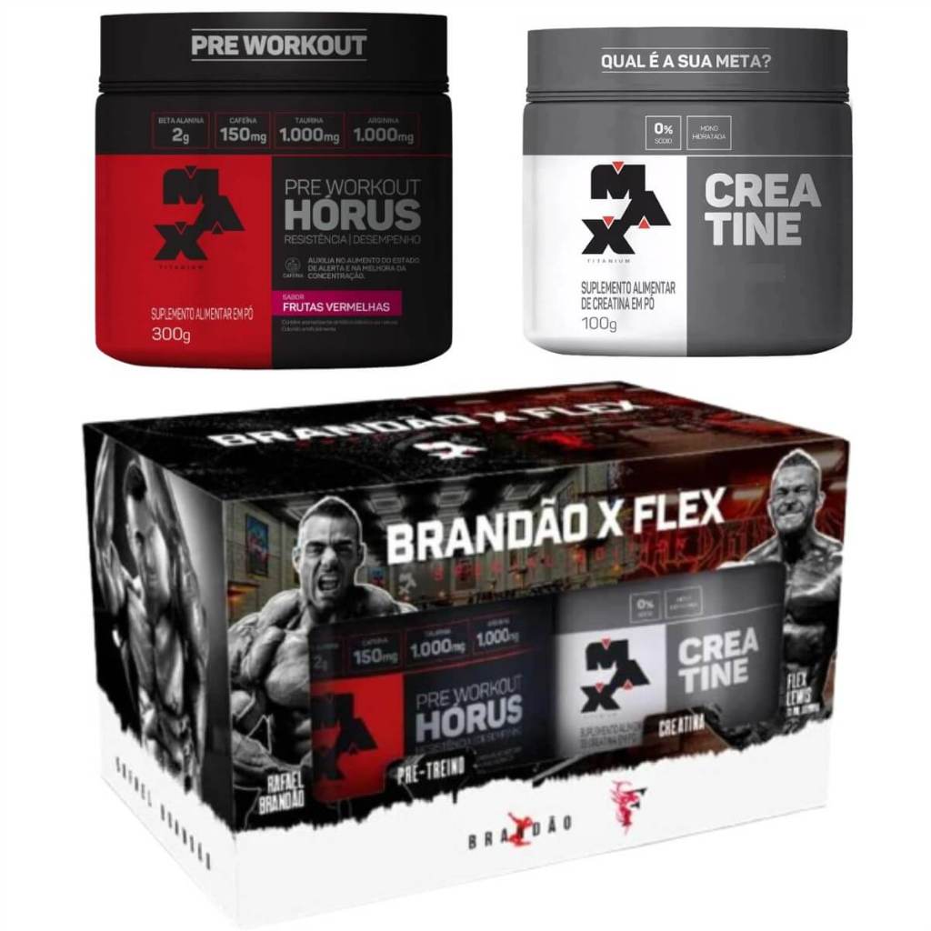 Promopack Max Titanium Brandão x Flex Lewis - Pré Treino Hórus 300g e Creatina 100% Pura Max