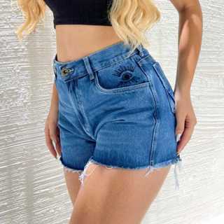 SHORT JEANS FEMININO DESFIADO COM BORDADO OLHO GREGO CINTURA ALTA em Oferta na Shopee