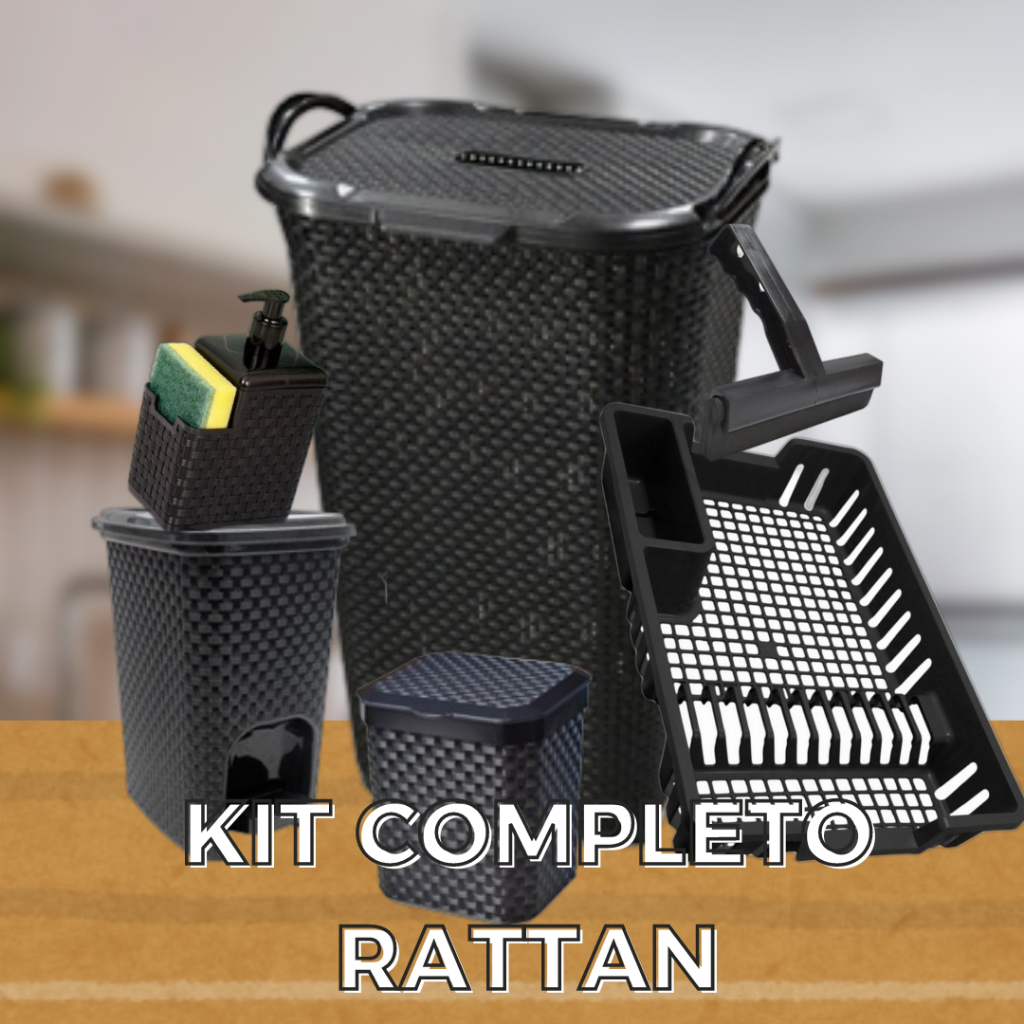 KIT Rattan Completo Cesto 50 litros, Lixeiras 7 e 5 Litros, e kit louça toy em Oferta na Shopee