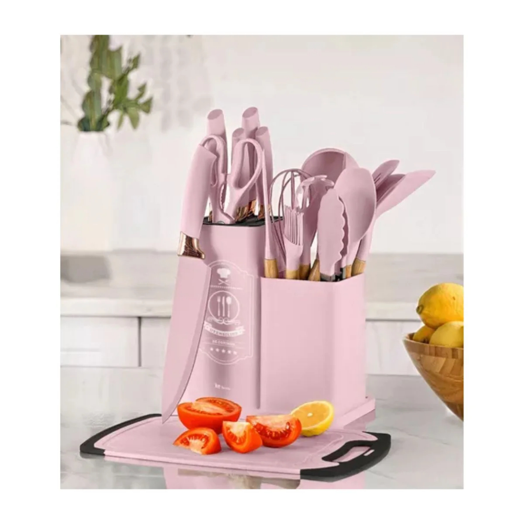 Kit Completo Jogo Utensílios de Cozinha Luxo 19 Peças Com Tábua em Silicone Espátula Faca Tesoura