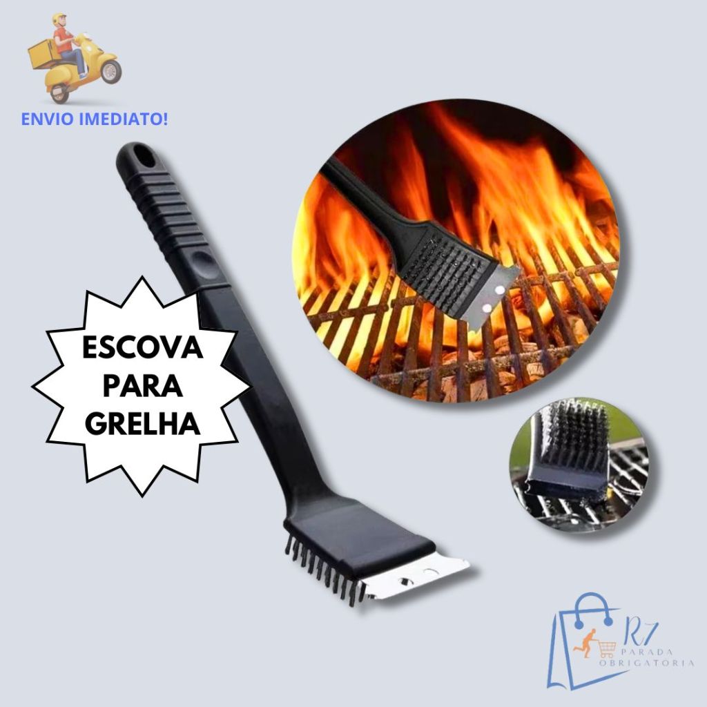 Escova Limpa Grelha De Churrasqueira Com Cabo Espátula Cerdas De Aço Inox Churrasco Raspador