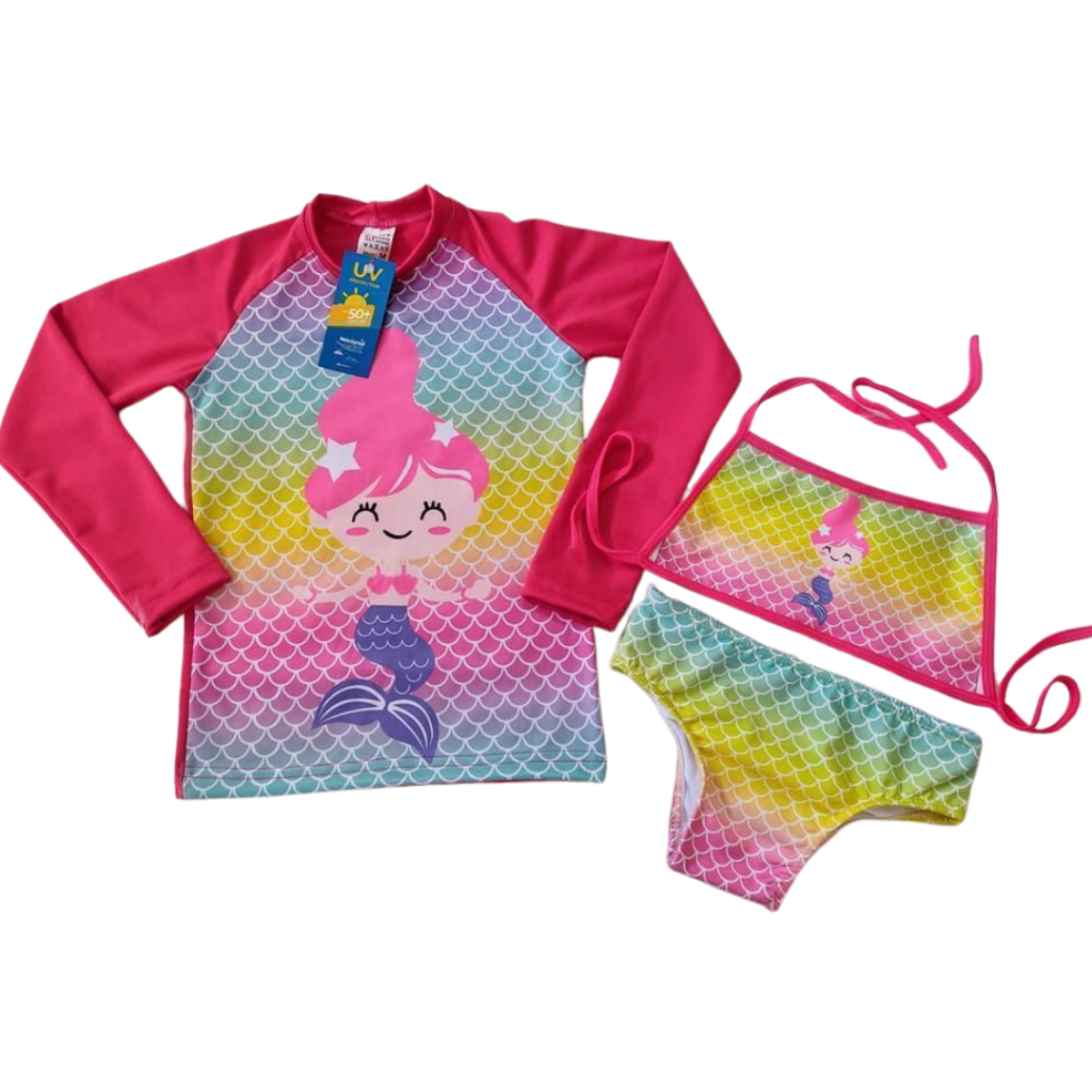 Conjunto Infantil Menina Biquíni + Blusa com Proteção Solar UV