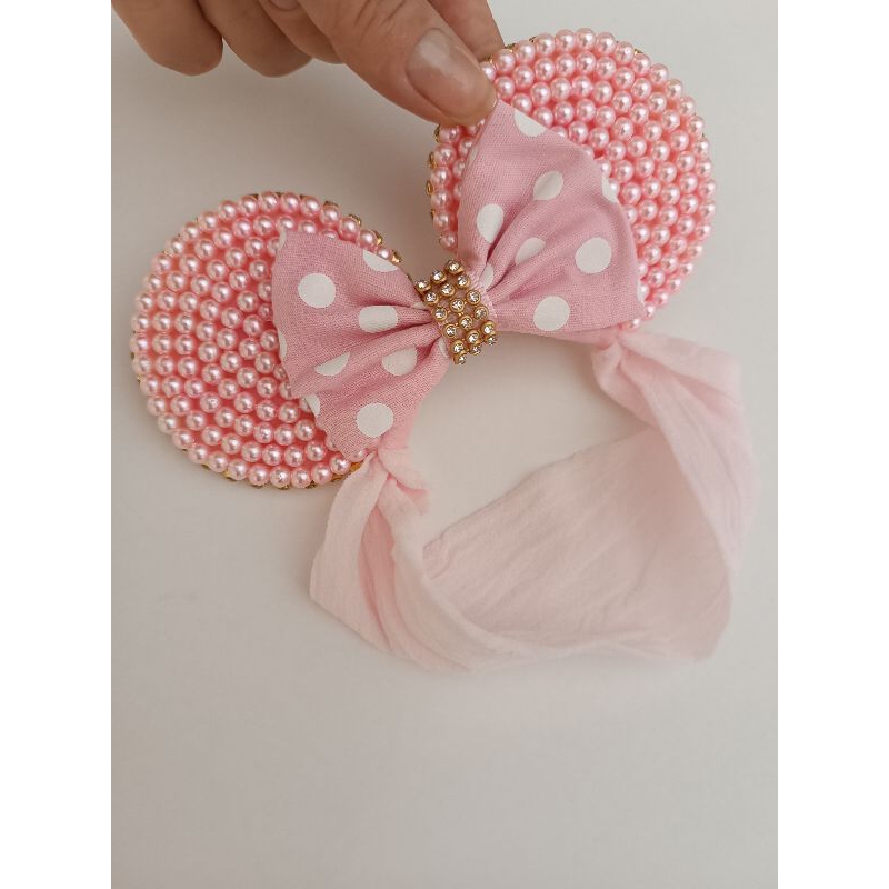 Tiara  Minie em pérolas cor de rosa na faixa meia de seda bebe em Oferta na Shopee