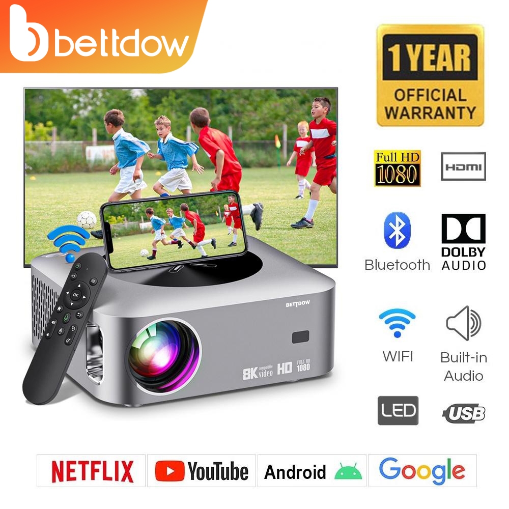 BETTDOW Projetor Full HD 1080P 4K/8K Vídeo Home Theater Foco Automático 5G WiFi Android Be...