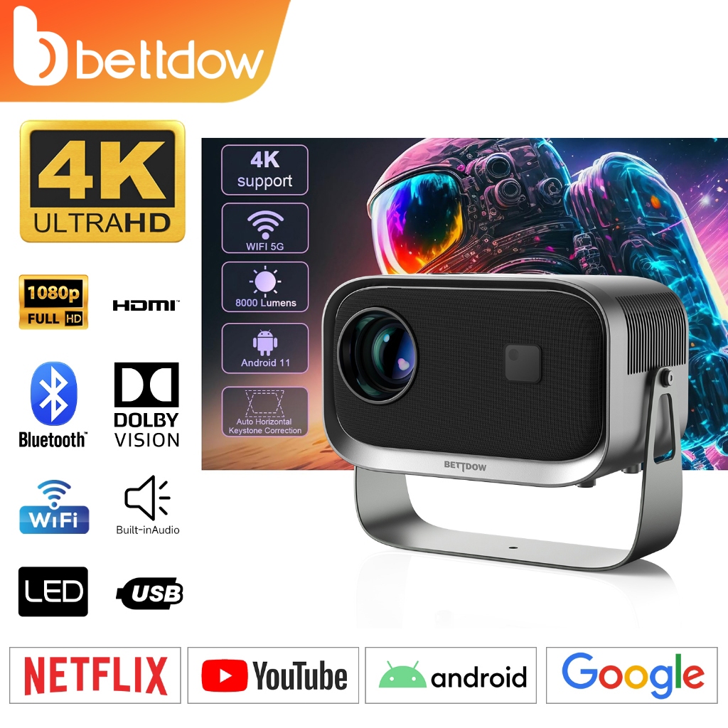 BETTDOW HD  Projetor WiFi 6 Bluetooth 5.2 4K 150 ANSI  ao ar livre Projetor doméstico iOS Android HDMI TV Stick