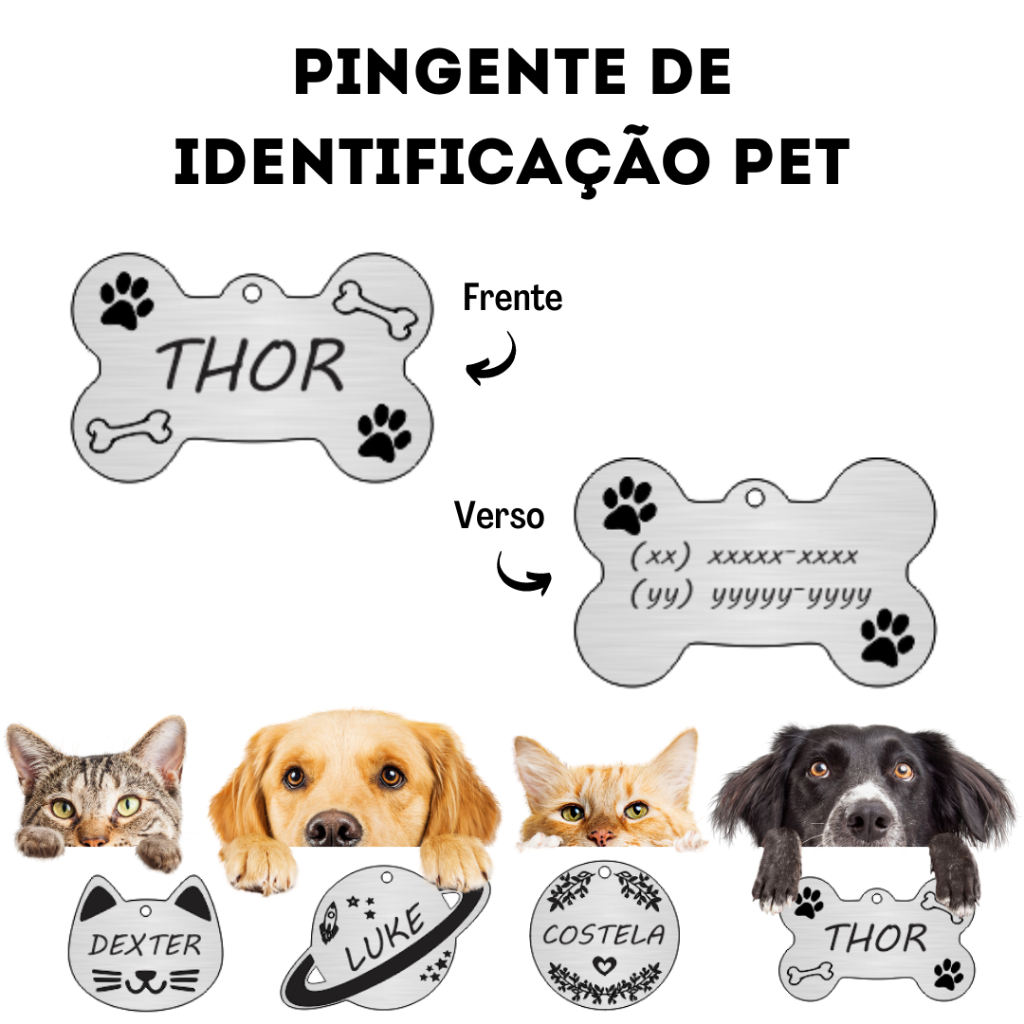Plaquinha de Identificação Pet Personalizado Cachorro Gato