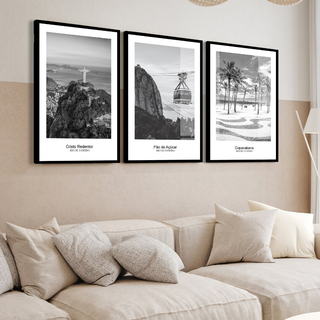 kit 3 quadros decorativos rio de janeiro bondinho cristo redentor ipanema preto e branco com molduras
