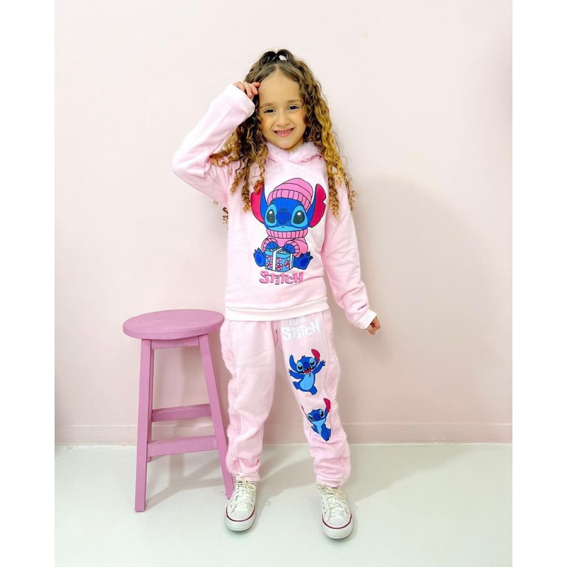 Conjunto Stitch Moletom Flanelado Quentinho Blusa Touca Peluciada + Calça Moletom Infantil Meninas Inverno