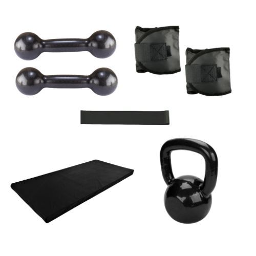 Kit Treino Em Casa Par Halter Peso 3Kg Emborrachado+Par Caneleira 3Kg+Kettlebell 4Kg Agachamento+Colchonete+Elástico