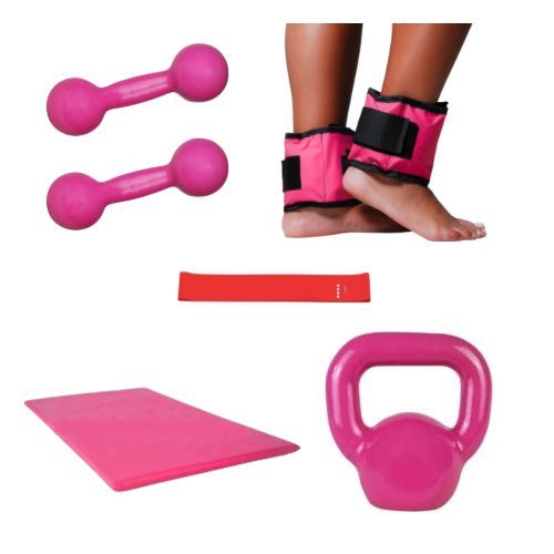Kit Academia Peso Halter 3Kg Emborrachado+Par Caneleira 3Kg Rosa+Kettlebell 6Kg Peso Para Agachamento+Elástico Theraband