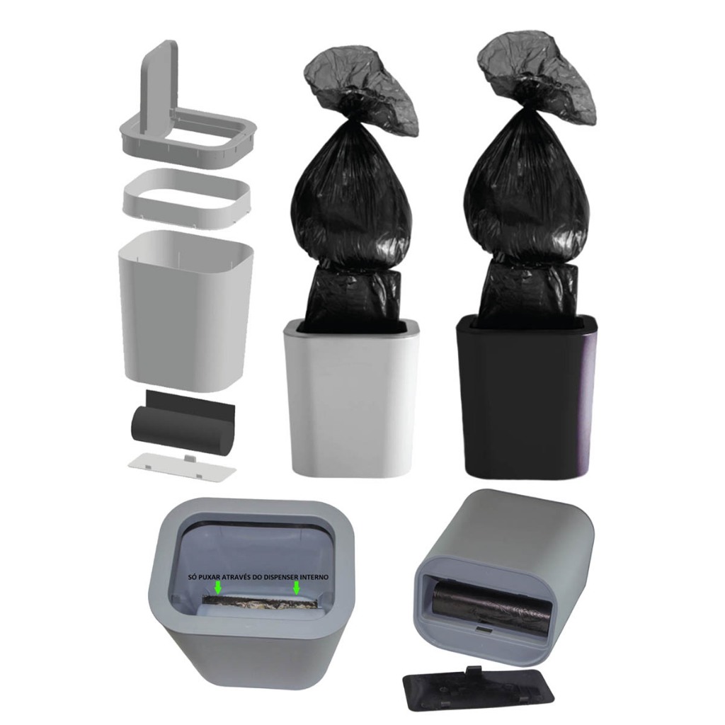 Lixeira 12L c/ sistema push Label para Dispenser Integrado para Sacos De Lixos Tampa Click