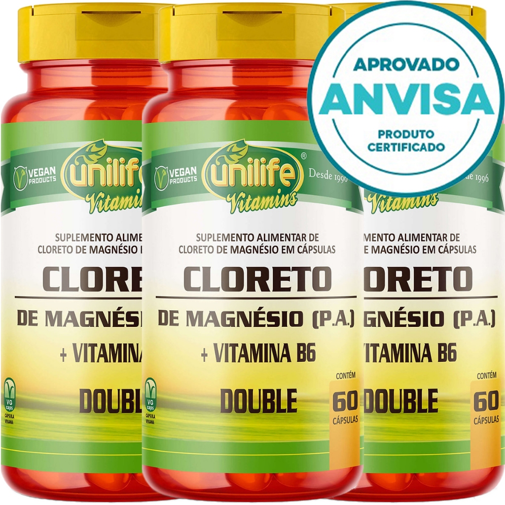 KIT 3 UNIDADES Cloreto De Magnésio P.A + Vitamina B6 - 60 Cápsulas 800mg - Unilife Vitamins