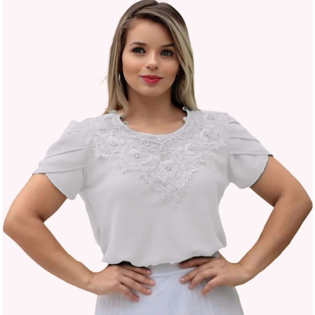 Blusa Camisa Branco Detalhes em Pérolas Pedrinha Manga Curta Renda Social Moda Evangélica Romântica Congresso Igreja