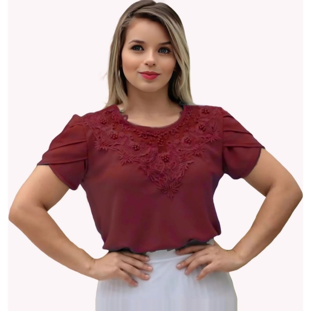 Blusa Camisa Vinho Bordô Marsala Detalhes em Pérolas Pedrinha Renda Social Moda Evangélica Romântica Congresso Igreja