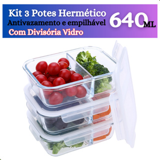 Kit 3 Potes Vidro Hermético Retangular Com Divisória 640ml em Oferta na Shopee