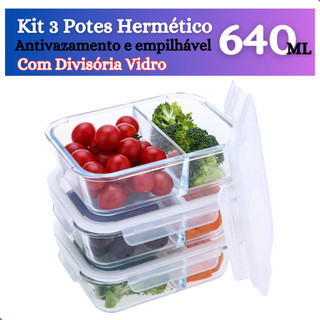 Kit 3 Potes Vidro Hermético Retangular Com Divisória 640ml