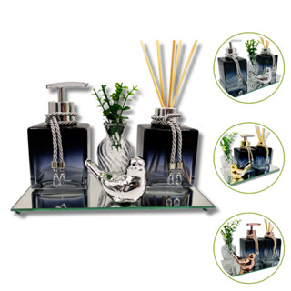 Kit Lavabo Luxo Difusor e Saboneteira Com Bandeja - Cubo Azul Escuro em Oferta na Shopee