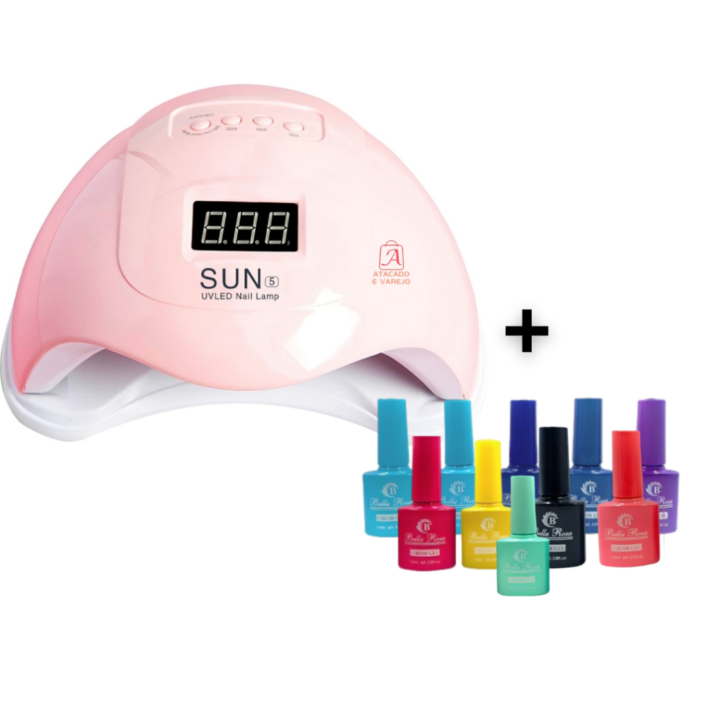 Kit Cabine Sun 5 Led Uv De Unhas Digital 48w Bivolt Unha Gel Acrigel Sun5 24 Leds + 10 Esmalte Em Gel Led Uv Bella Rosa 10ml Cores Sortidas